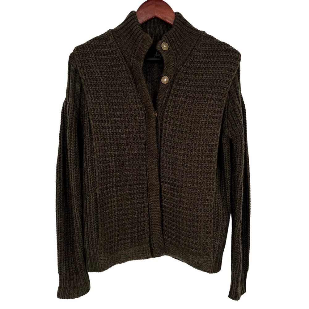 J&J Womens Sz Large Olive Green Wide Knit Snap Closure Sweater Blouse Shirt Top